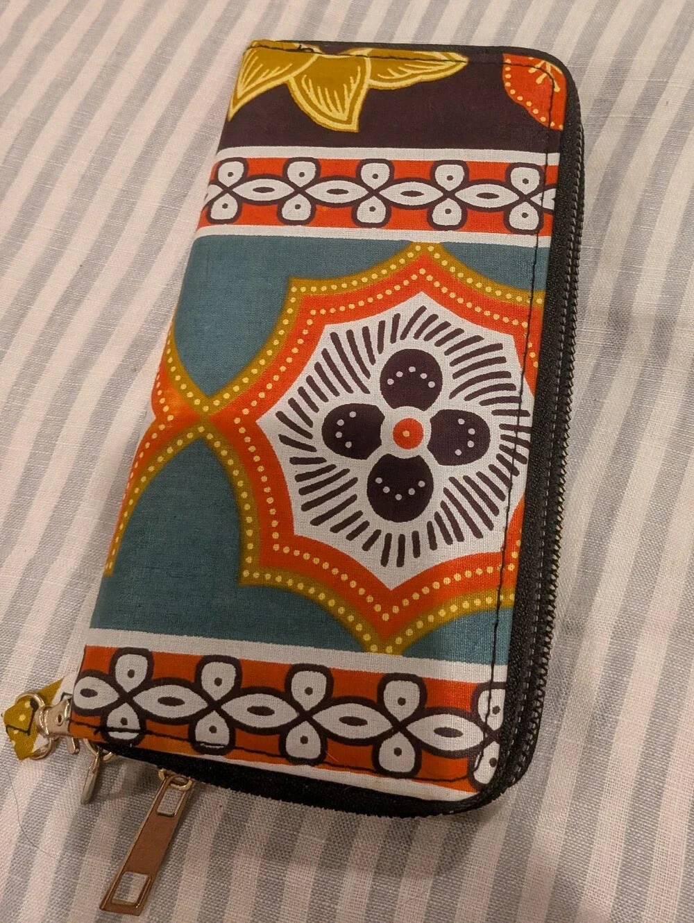 African Cloth Patterned Zip Wristlet Wallet in Teal, Orange, Black